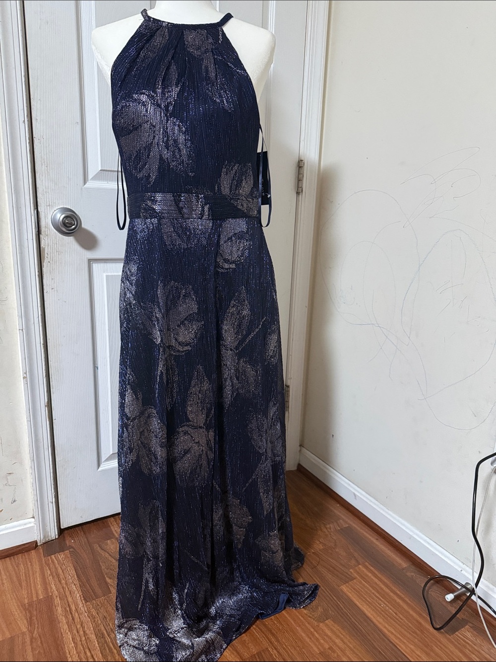 Betsy & Adam Navy and Silver Floral Halter Prom Gown